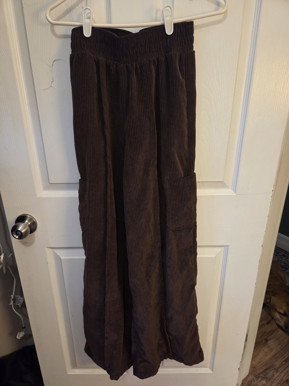 Wide-Leg Corduroy Pull-On Pants with Side Pockets - Brown